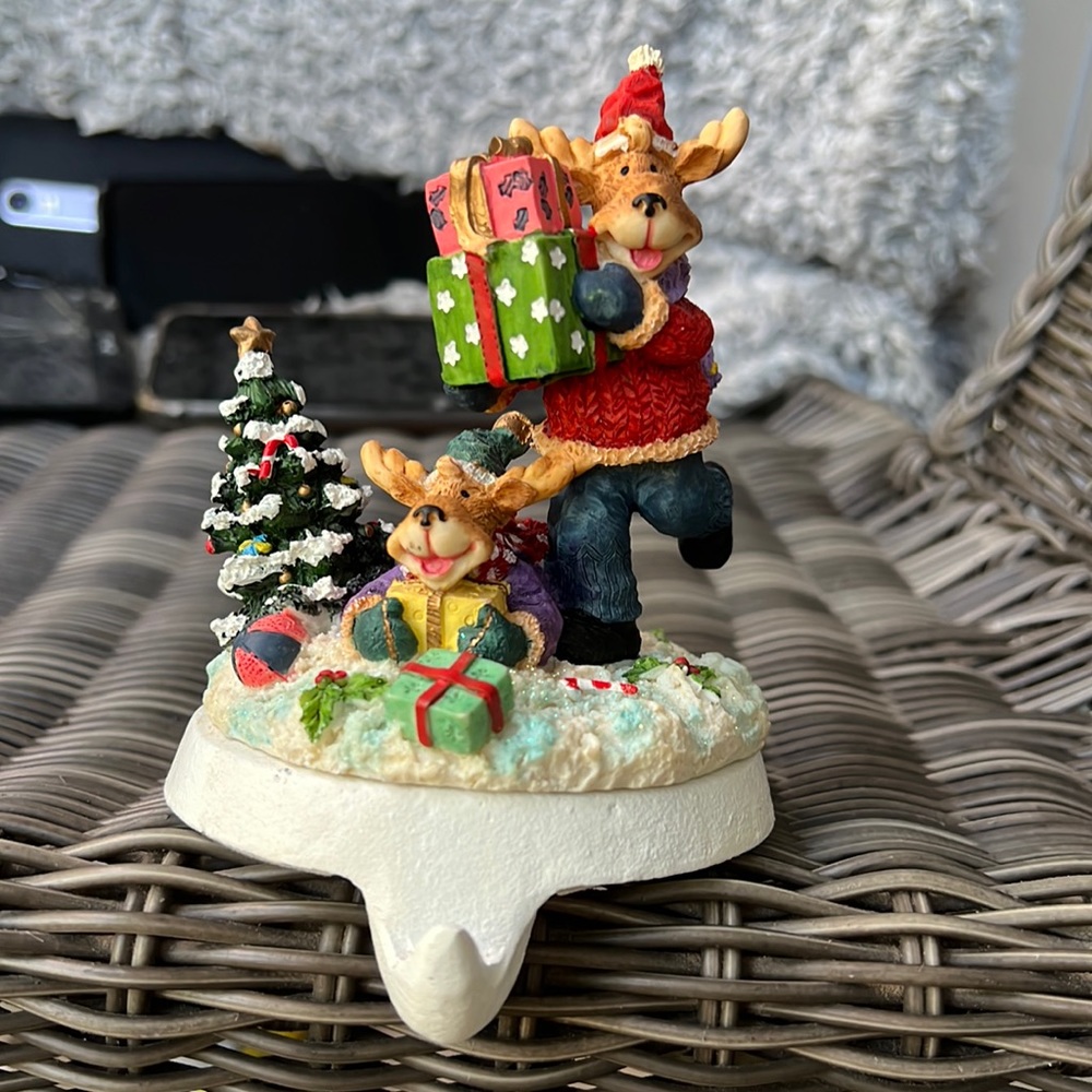 Vintage Hand Painted Stocking Holder Christmas Decor Elves Tree Presents